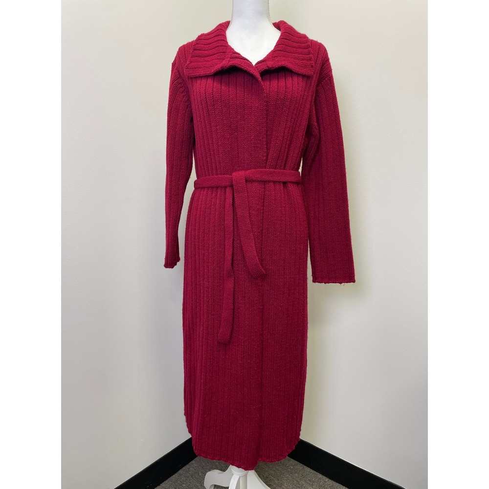 Vintage Eddie Bauer Red Wool Blend Ribbed Maxi Duster Cardigan S Belted Holiday